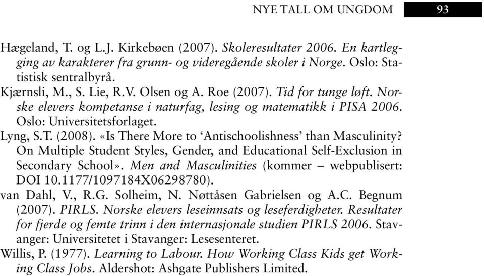 «Is There More to Antischoolishness than Masculinity? On Multiple Student Styles, Gender, and Educational Self-Exclusion in Secondary School». Men and Masculinities (kommer webpublisert: DOI 10.