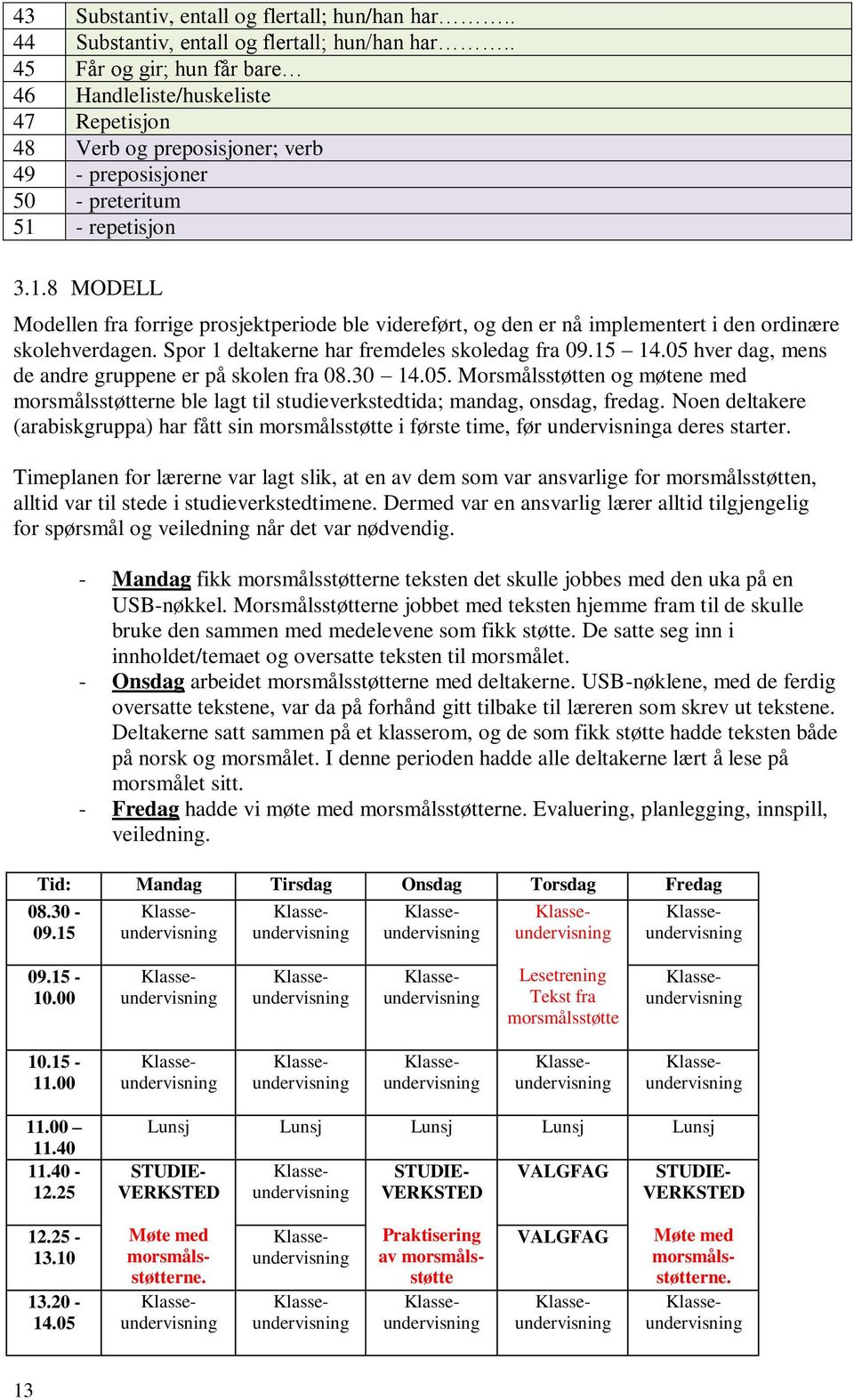 - repetisjon 3.1.8 MODELL Modellen fra forrige prosjektperiode ble videreført, og den er nå implementert i den ordinære skolehverdagen. Spor 1 deltakerne har fremdeles skoledag fra 09.15 14.