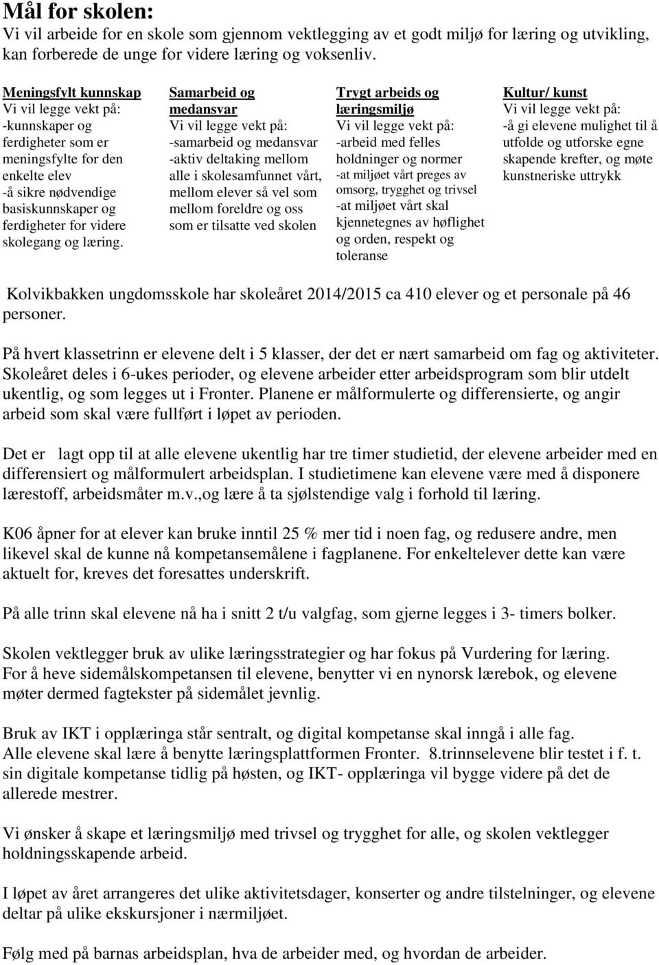 Samarbeid og medansvar Vi vil legge vekt på: -samarbeid og medansvar -aktiv deltaking mellom alle i skolesamfunnet vårt, mellom elever så vel som mellom foreldre og oss som er tilsatte ved skolen