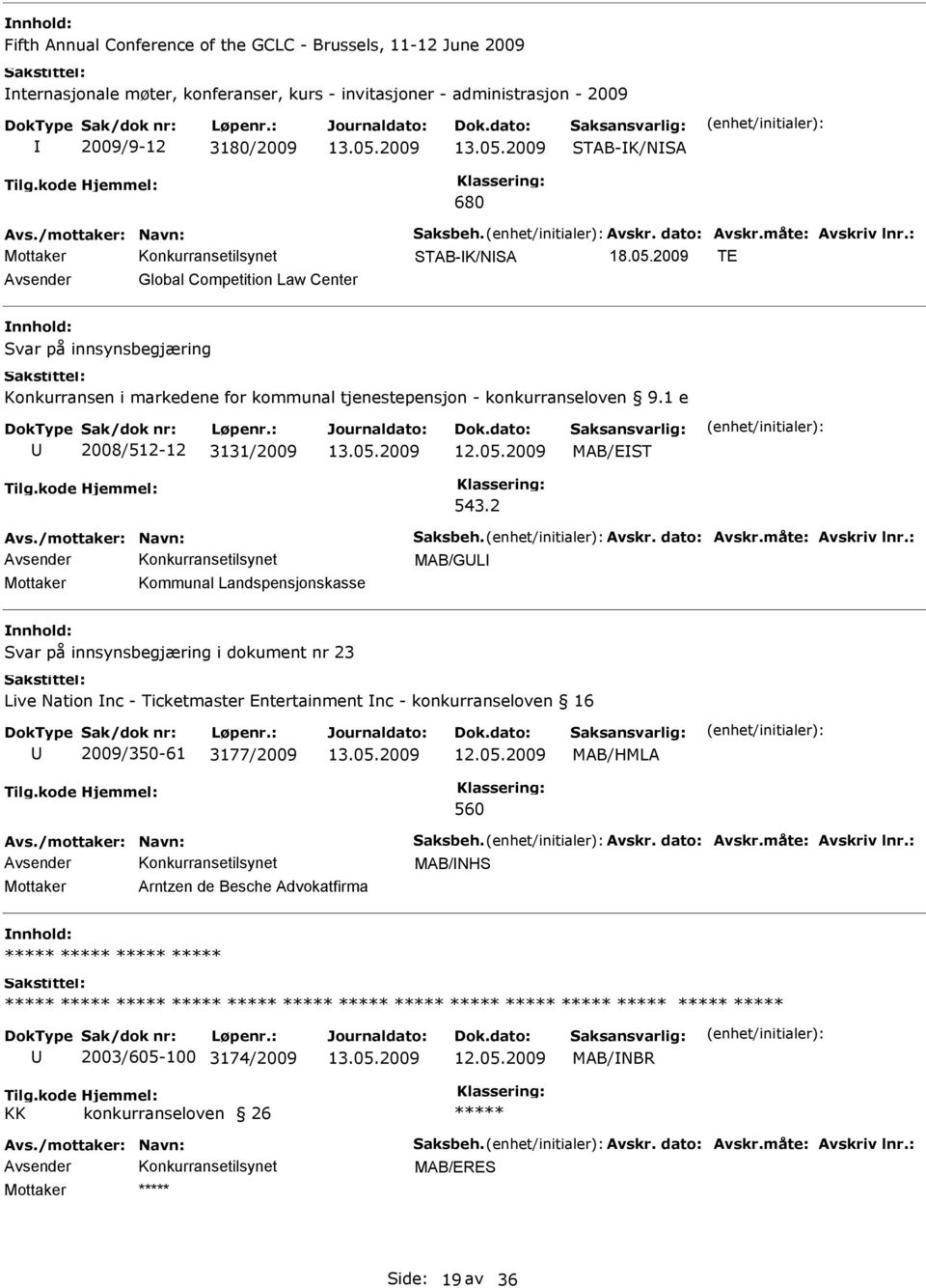 2 MAB/GL Kommunal Landspensjonskasse Svar på innsynsbegjæring i dokument nr 23 Live Nation nc - Ticketmaster Entertainment nc - konkurranseloven 16 2009/350-61 3177/2009 560 MAB/NHS Arntzen de