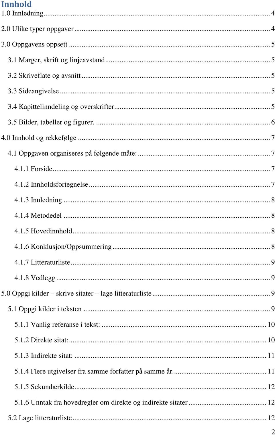 .. 8 4.1.5 Hovedinnhold... 8 4.1.6 Konklusjon/Oppsummering... 8 4.1.7 Litteraturliste... 9 4.1.8 Vedlegg... 9 5.0 Oppgi kilder skrive sitater lage litteraturliste... 9 5.1 Oppgi kilder i teksten... 9 5.1.1 Vanlig referanse i tekst:.