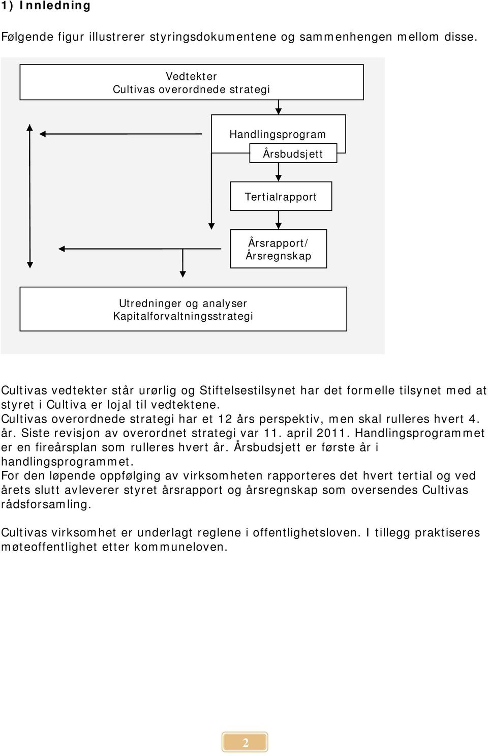 Stiftelsestilsynet har det formelle tilsynet med at styret i Cultiva er lojal til vedtektene. Cultivas overordnede strategi har et 12 års perspektiv, men skal rulleres hvert 4. år. Siste revisjon av overordnet strategi var 11.