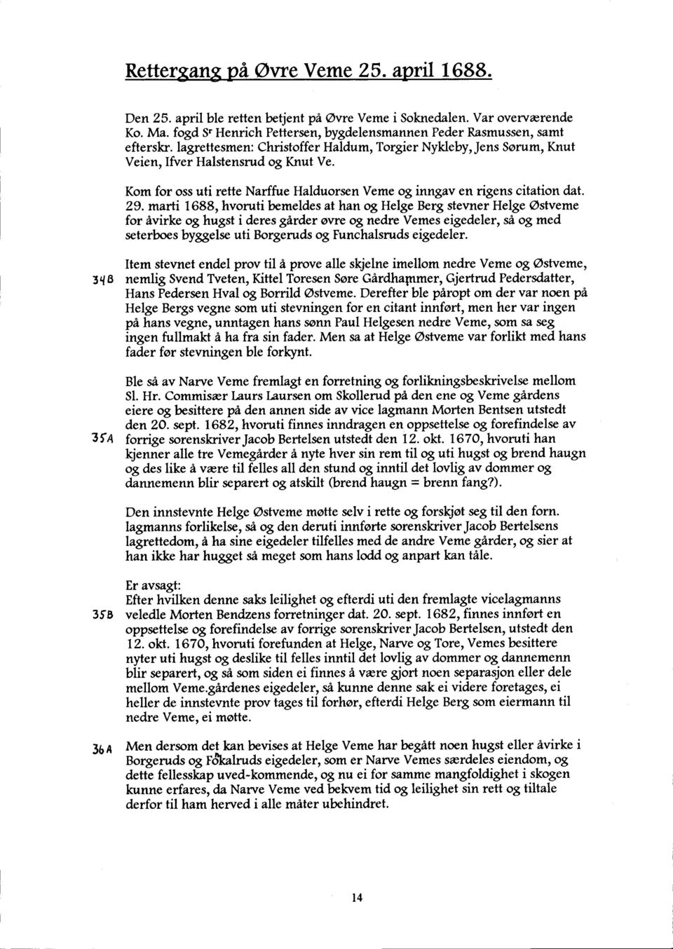 marti 1688, hvoruti bemeldes athan qg Helge Berg stevner Helge Ostveme for ivirke og hugst i deres gfuder ow 08 nedre Vemes eigedeler, si og med seterboes byggelse uti Borgeruds og Funchalsruds