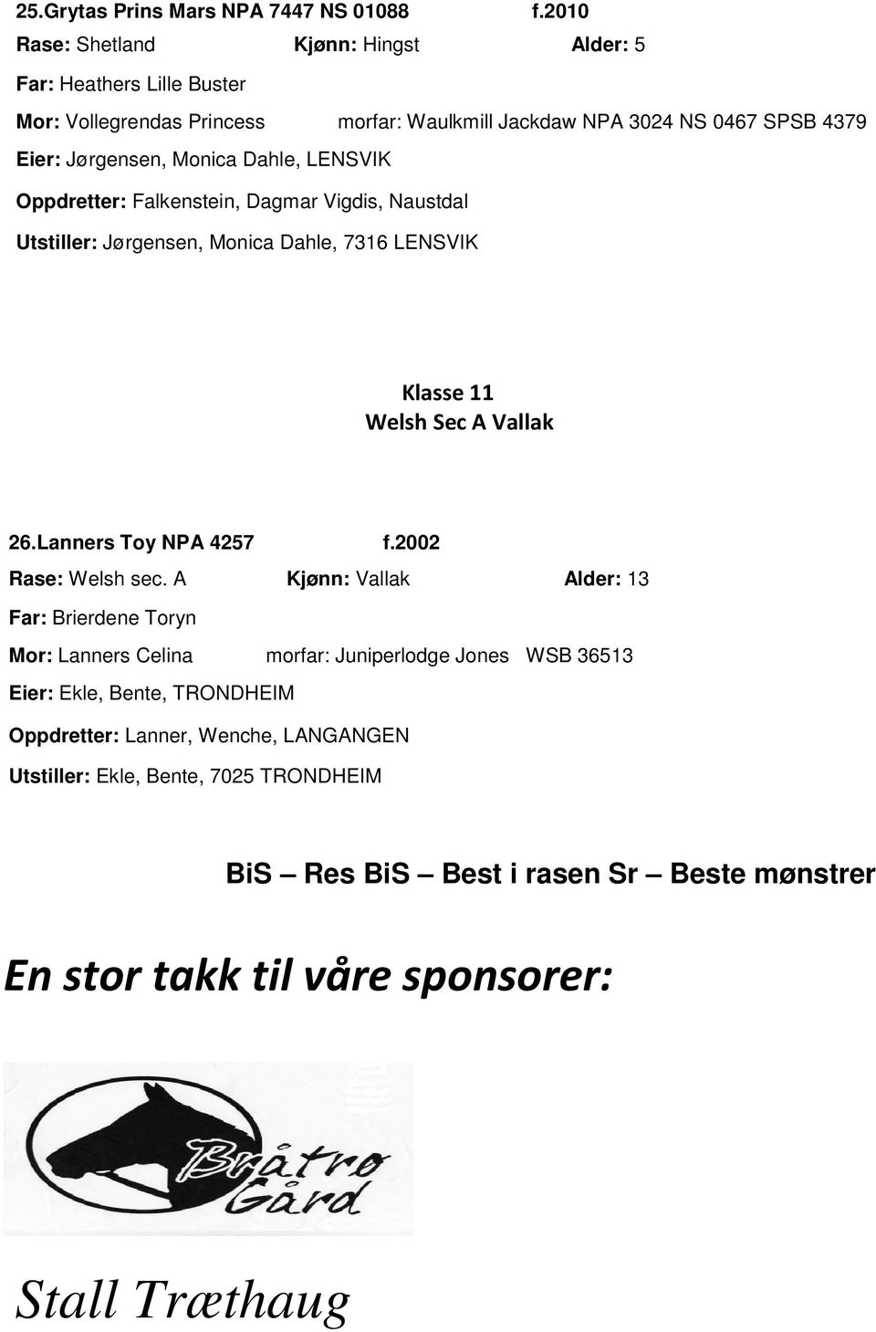 Dahle, LENSVIK Oppdretter: Falkenstein, Dagmar Vigdis, Naustdal Utstiller: Jørgensen, Monica Dahle, 7316 LENSVIK Klasse 11 Welsh Sec A Vallak 26.Lanners Toy NPA 4257 f.