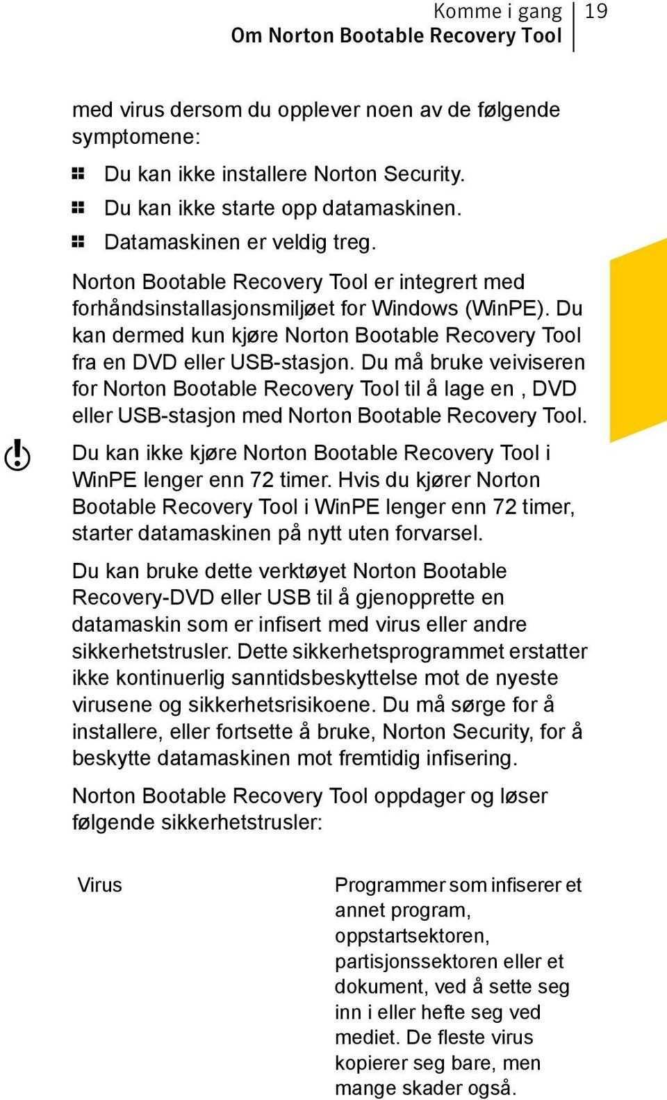 Du kan dermed kun kjøre Norton Bootable Recovery Tool fra en DVD eller USB-stasjon.