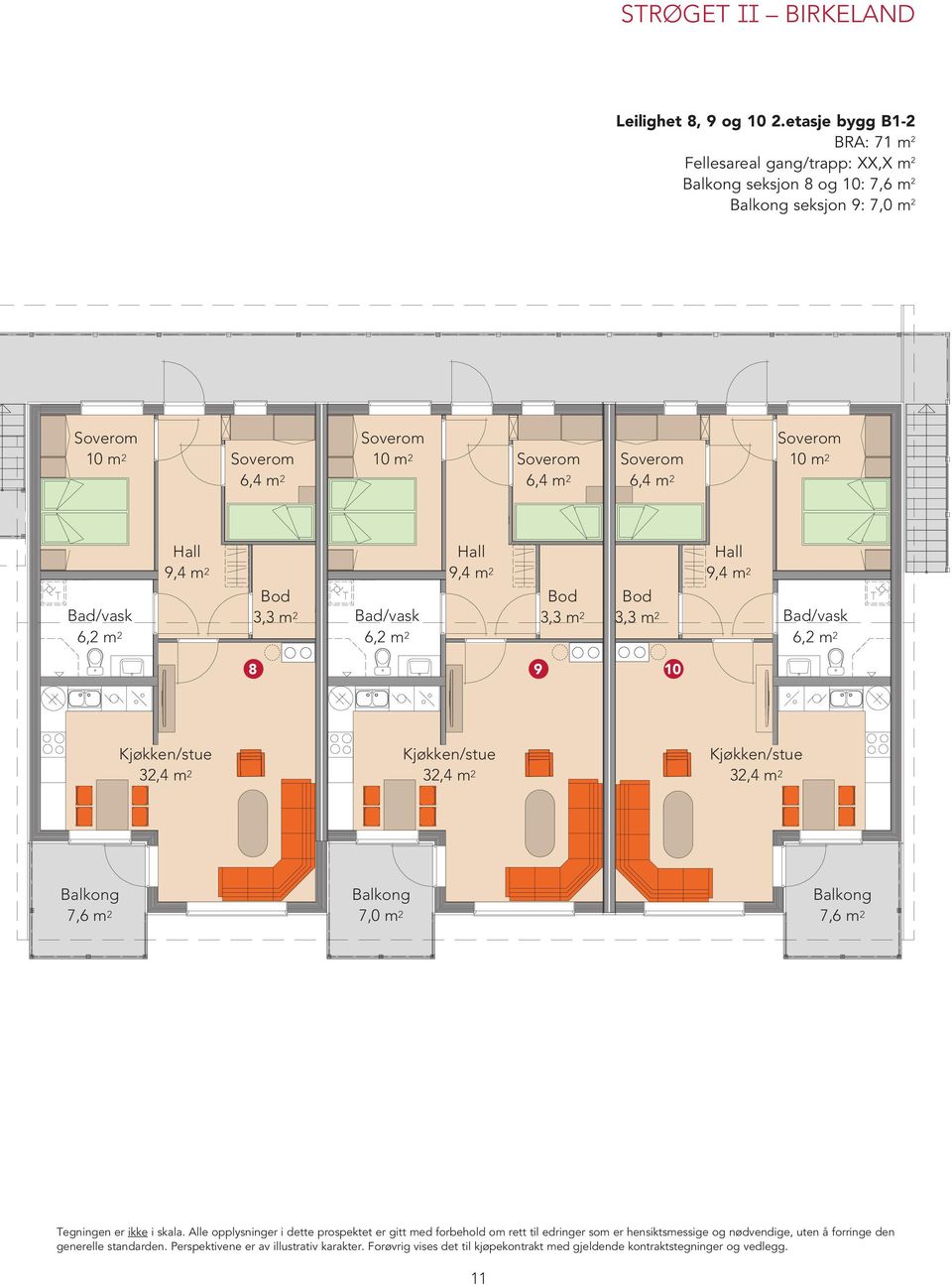 Bad/vask Hall 9,4 m 2 Hall 9,4 m 2 Hall 9,4 m 2 Bod Bod Bod 3,3 m 2 Bad/vask 3,3 m 2 3,3 m 2 8 9 10 Bad/vask 32,4 m 2 32,4 m 2 32,4 m 2 Balkong Balkong Balkong 7,6 m 2 7,0