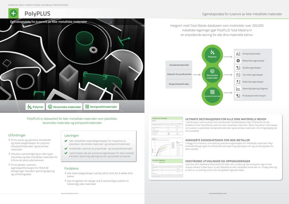 Polymer Komposisjonsdata Mekaniske egenskaper Standardmaterialer Fysiske egenskaper Dataark fra produsenter Eksperimentell data Keramiske materialer Termiske egenskaper Elektriske egenskaper