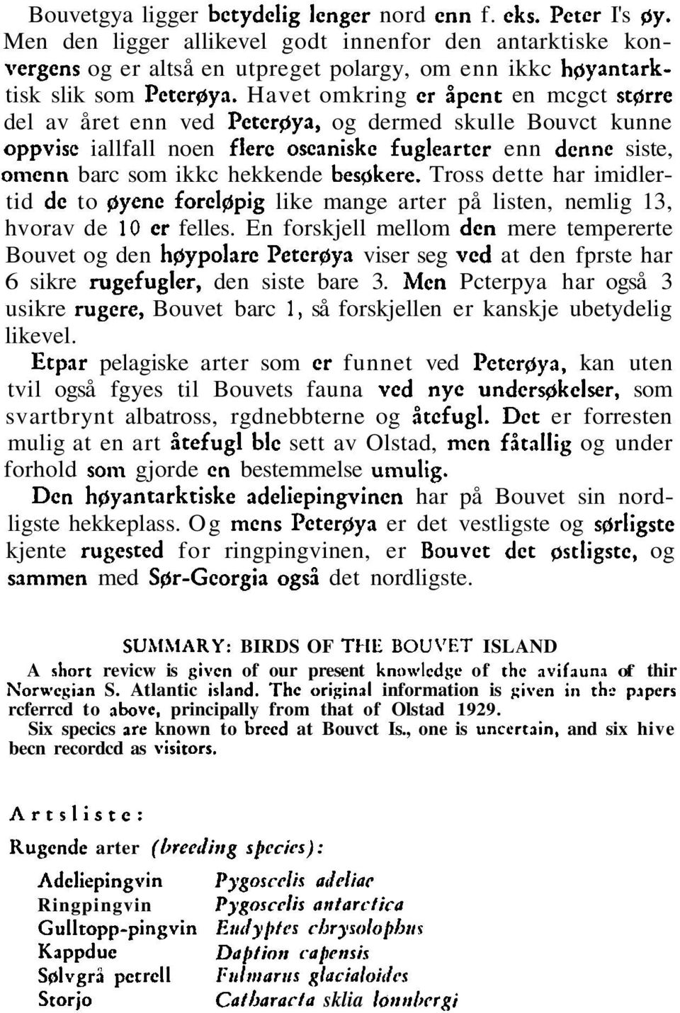 Havet omkring er åpent en mcgct stgrre del av året enn ved Petcrpya, og dermed skulle Bouvct kunne oppvisc iallfall noen flere oscaniskc fuglearter enn denne siste, otiienn barc som ikkc hekkende