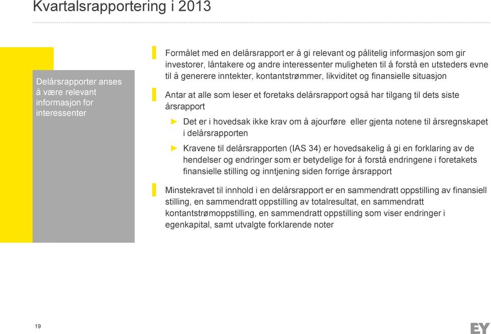 har tilgang til dets siste årsrapport Det er i hovedsak ikke krav om å ajourføre eller gjenta notene til årsregnskapet i delårsrapporten Kravene til delårsrapporten (IAS 34) er hovedsakelig å gi en