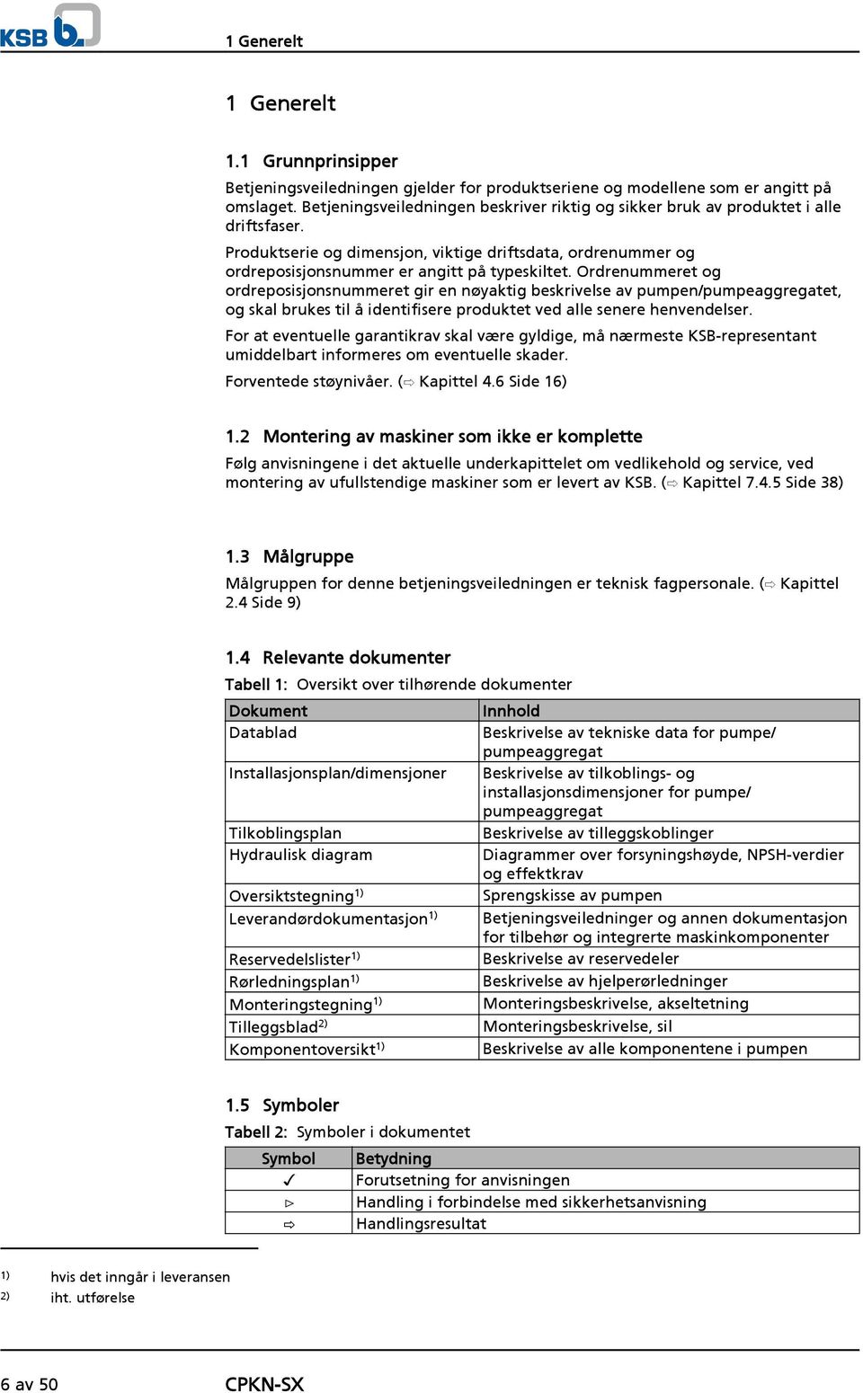 Ordrenummeret og ordreposisjonsnummeret gir en nøyaktig beskrivelse av pumpen/pumpeaggregatet, og skal brukes til å identifisere produktet ved alle senere henvendelser.