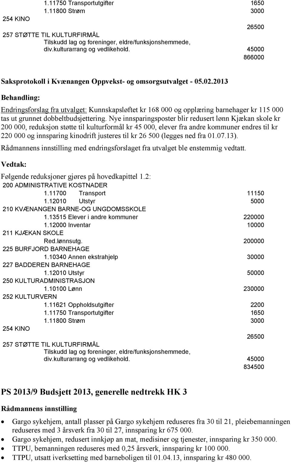 2013 Endringsforslag fra utvalget: Kunnskapsløftet kr 168 000 og opplæring barnehager kr 115 000 tas ut grunnet dobbeltbudsjettering.