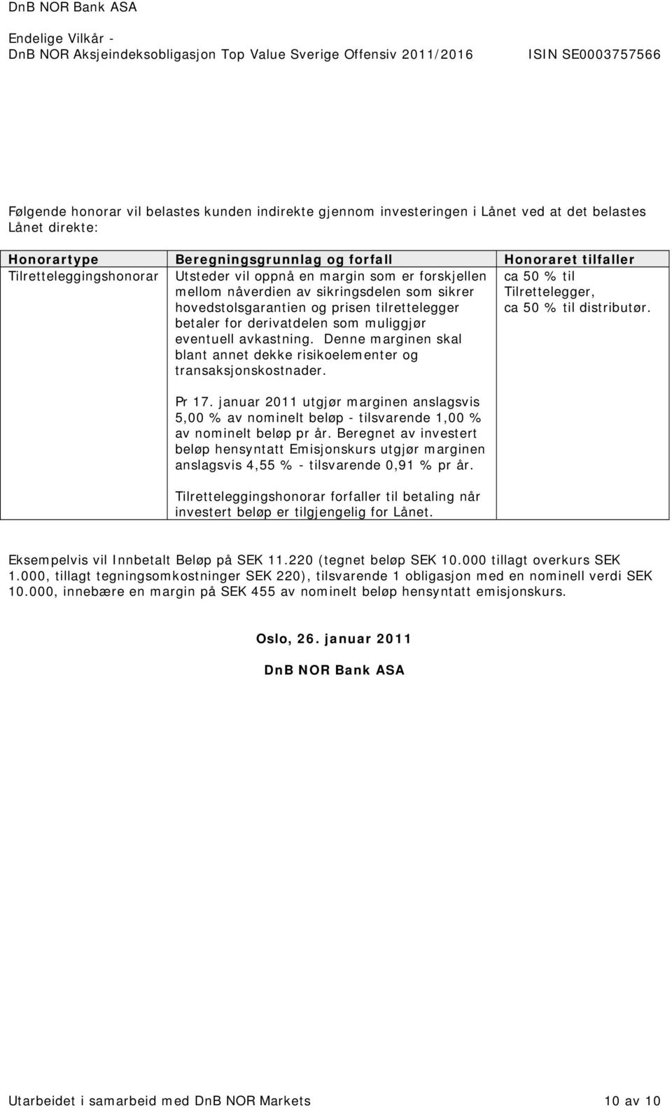 Denne marginen skal blant annet dekke risikoelementer og transaksjonskostnader. ca 50 % til Tilrettelegger, ca 50 % til distributør. Pr 17.