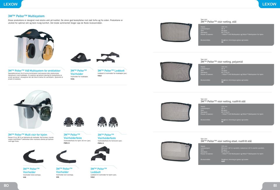 3M Peltor visir netting, stål Lysreduksjon: 155 mm 35 % 90 gram EN 1731/S Peltor V40 Multisystem og Peltor Multisystem for hjelm Skogbruk, trimming av gress og busker.