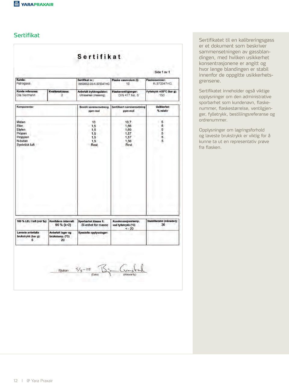 Sertifikatet inneholder også viktige opplysninger om den administrative sporbarhet som kundenavn, flaskenummer, flaskestørrelse,