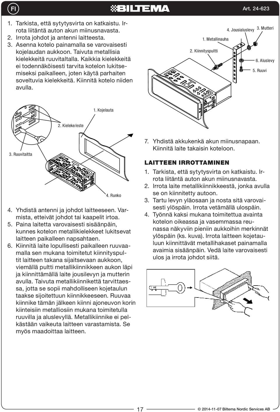 Kiinnitä kotelo niiden avulla. 4. Jousialuslevy 3. Mutteri 1. Metallinauha 2. Kiinnityspultti 6. Aluslevy 5. Ruuvi 1. Kojelauta 2. Kieleke/este 3. Ruuvitaltta 4. Runko 4.