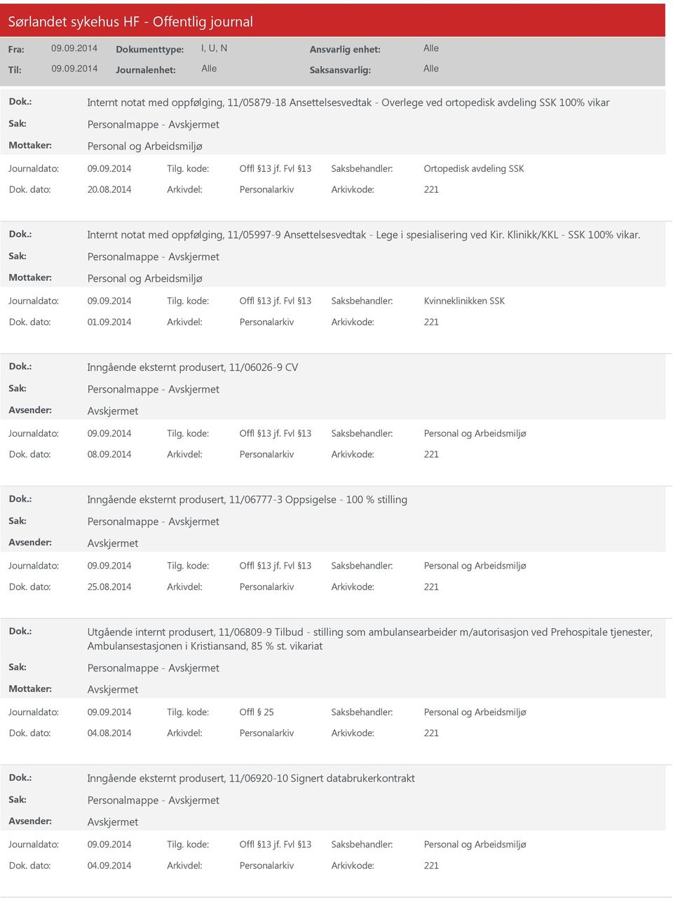 09.2014 Arkivdel: Personalarkiv Arkivkode: 221 Inngående eksternt produsert, 11/06026-9 CV Dok. dato: 08.09.2014 Arkivdel: Personalarkiv Arkivkode: 221 Inngående eksternt produsert, 11/06777-3 Oppsigelse - 100 % stilling Dok.