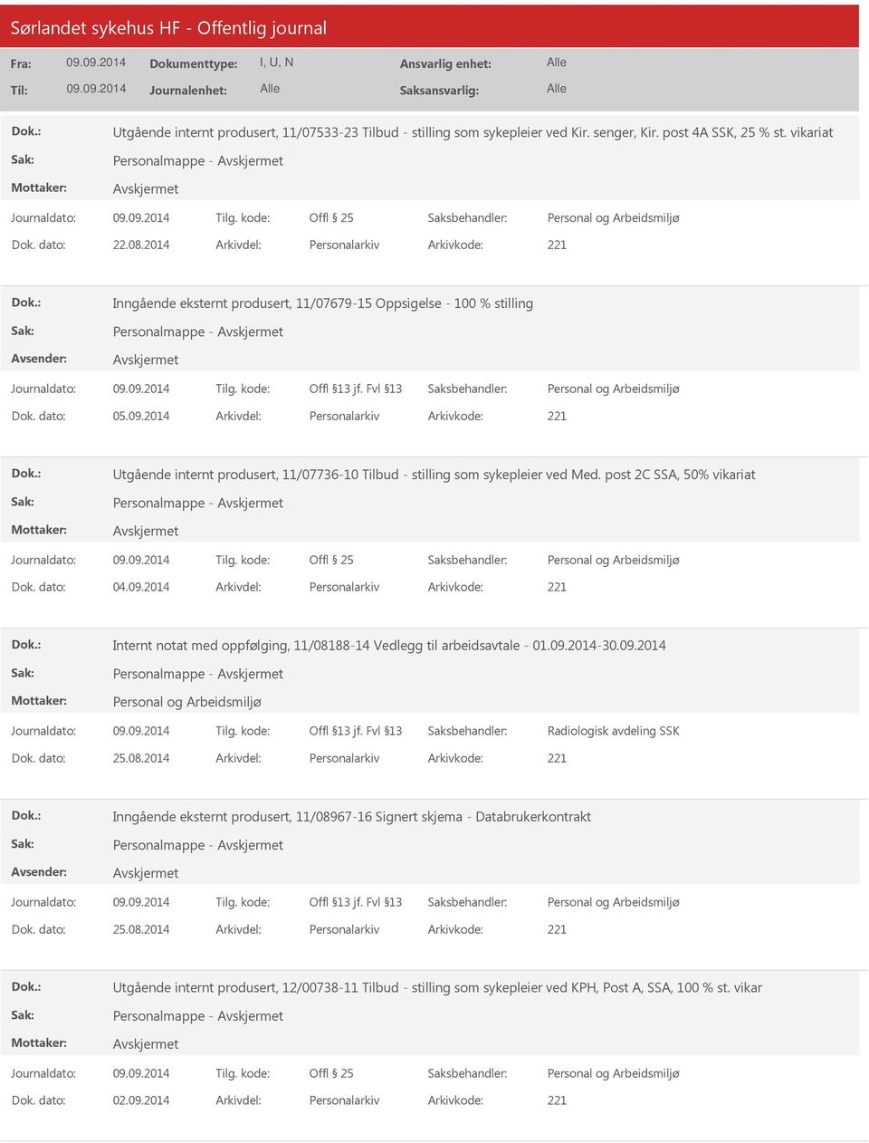 2014 Arkivdel: Personalarkiv Arkivkode: 221 tgående internt produsert, 11/07736-10 Tilbud - stilling som sykepleier ved Med. post 2C SSA, 50% vikariat Dok. dato: 04.09.