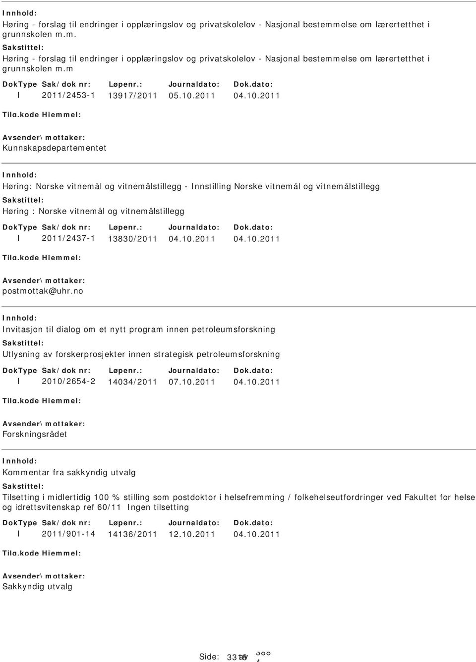 2011 0.10.2011 Kunnskapsdepartementet Høring: Norske vitnemål og vitnemålstillegg - nnstilling Norske vitnemål og vitnemålstillegg Høring : Norske vitnemål og vitnemålstillegg 2011/237-1 13830/2011 0.