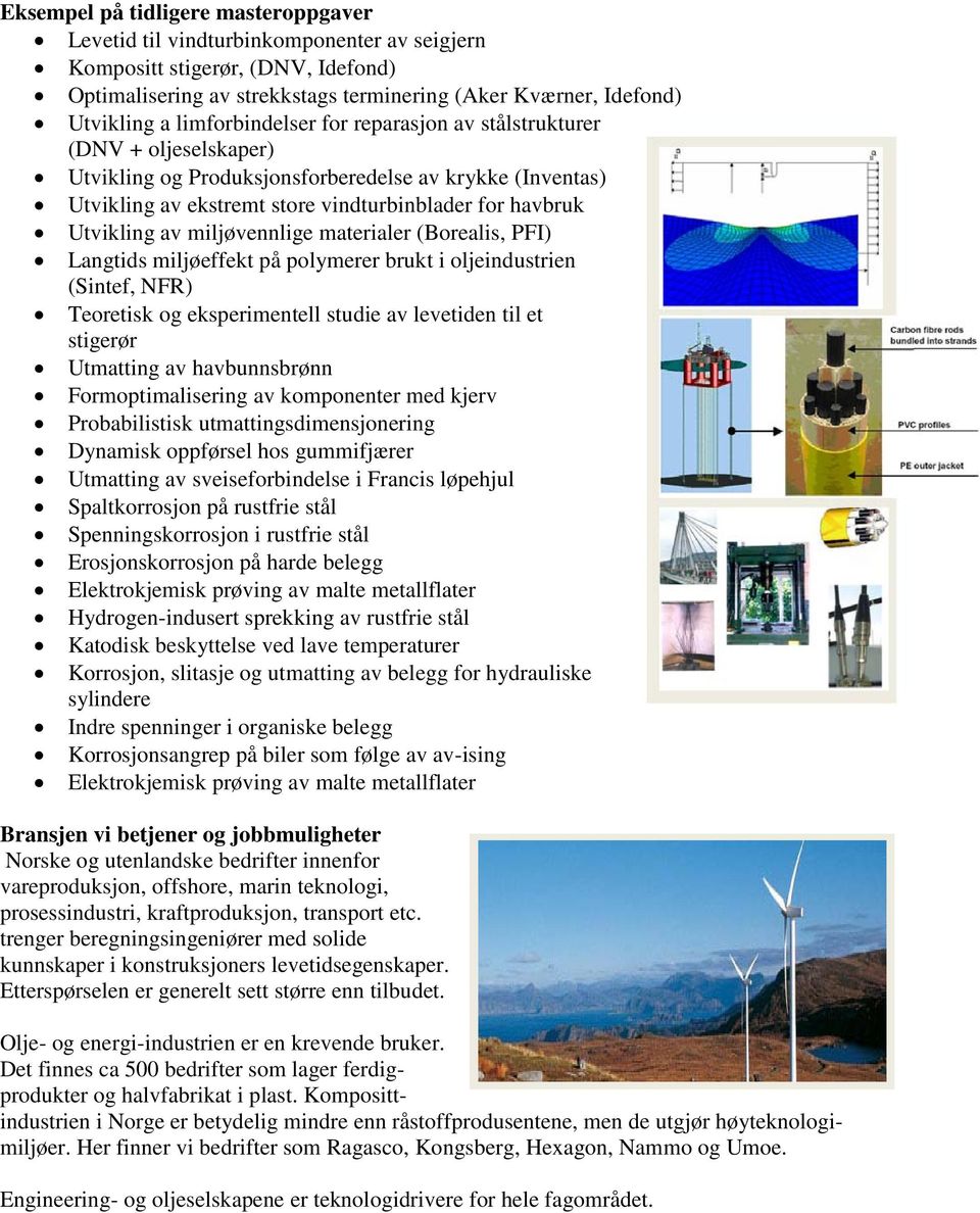 miljøvennlige materialer (Borealis, PFI) Langtids miljøeffekt på polymerer brukt i oljeindustrien (Sintef, NFR) Teoretisk og eksperimentell studie av levetiden til et stigerør Utmatting av