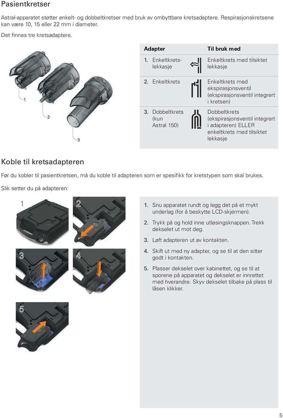 Dobbeltkrets (kun Astral 150) Dobbeltkrets (ekspirasjonsventil integrert i adapteren) ELLER enkeltkrets med tilsiktet lekkasje Koble til kretsadapteren Før du kobler til pasientkretsen, må du koble