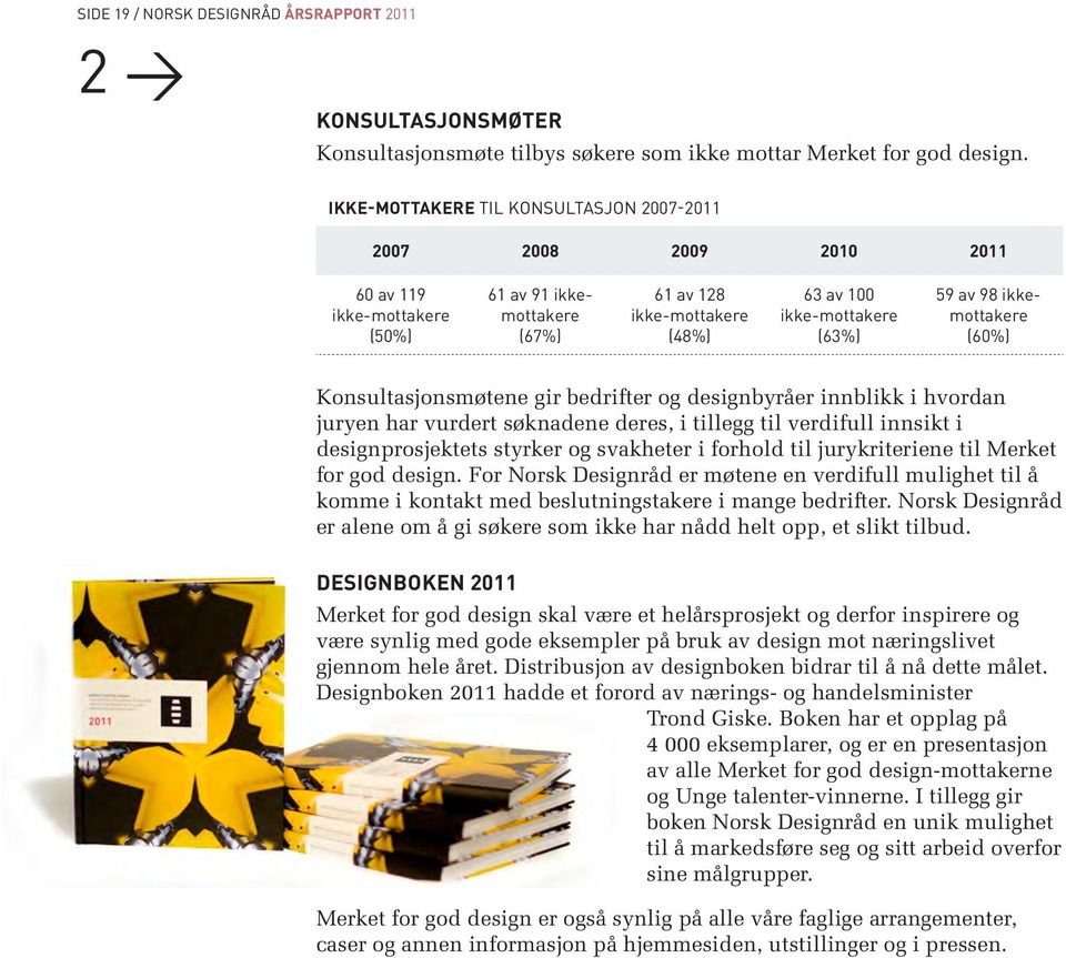 ikkemottakere (60%) Konsultasjonsmøtene gir bedrifter og designbyråer innblikk i hvordan juryen har vurdert søknadene deres, i tillegg til verdifull innsikt i designprosjektets styrker og svakheter i