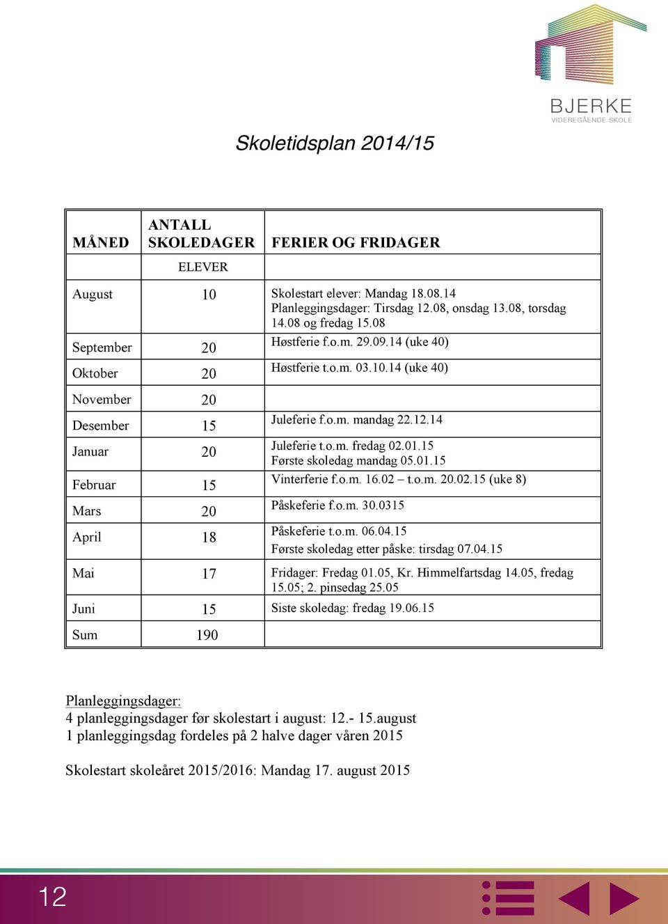 14 Planleggingsdager: Tirsdag 12.08, onsdag 13.08, torsdag August 10 14.08 Skolestart og fredag elever: 15.08 Mandag 18.08.14 Planleggingsdager: Tirsdag 12.08, onsdag 13.08, torsdag September Høstferie f.