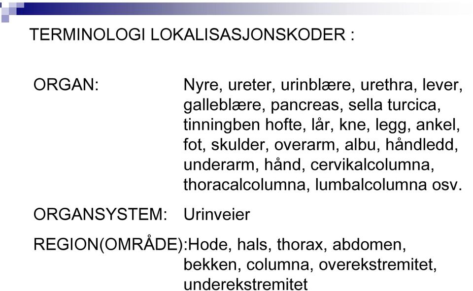 overarm, albu, håndledd, underarm, hånd, cervikalcolumna, thoracalcolumna, lumbalcolumna osv.