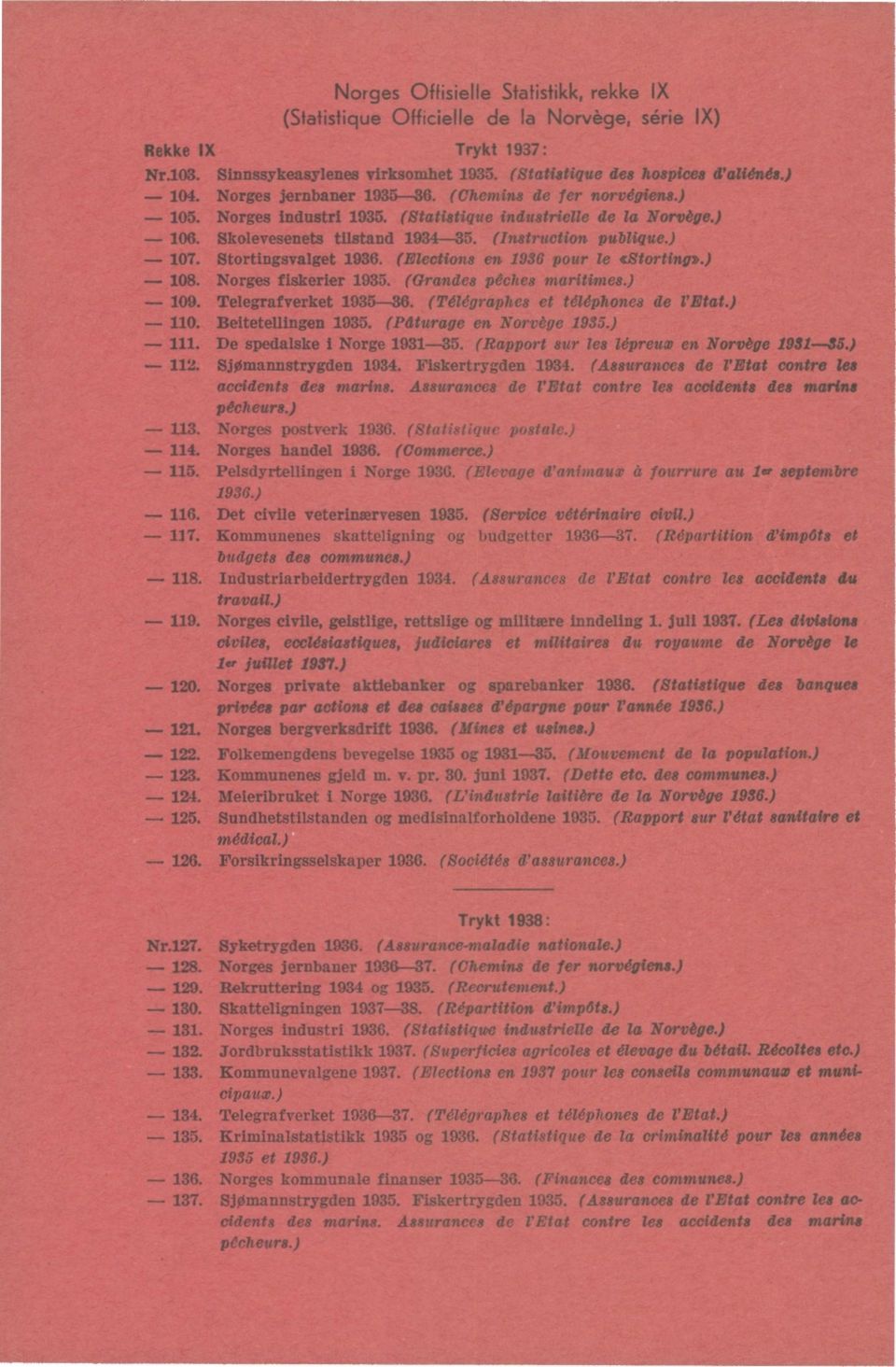 Stortingsvalget 1936. (Elections en 1936 pour le «Storting».) - 108. Norges fiskerier 1935. (Grandes 'Aches maritimes.) - 109. Telegrafverket 1935-36. (Télégraphes et téléphones de l'etat.) - 110.