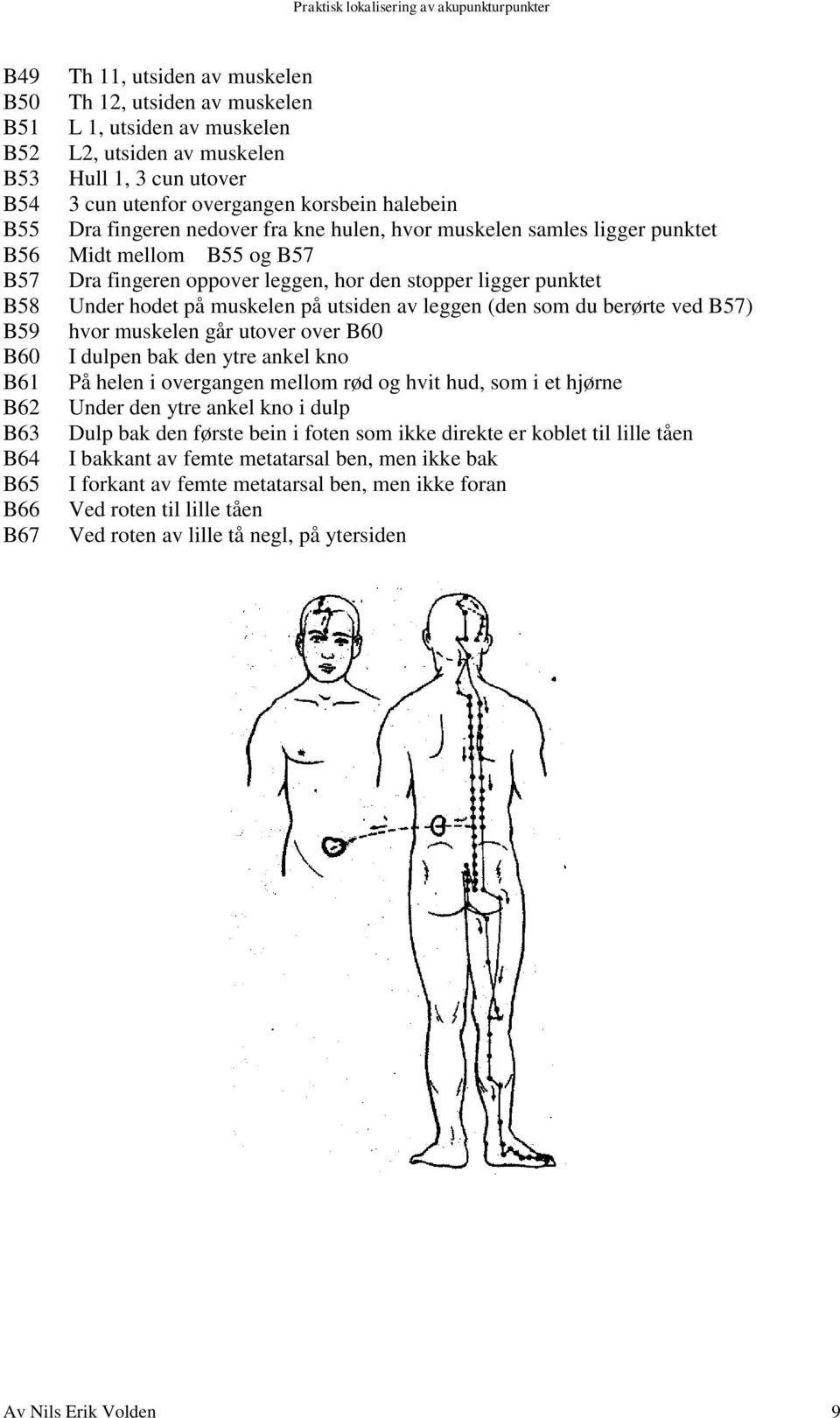 av leggen (den som du berørte ved B57) B59 hvor muskelen går utover over B60 B60 I dulpen bak den ytre ankel kno B61 På helen i overgangen mellom rød og hvit hud, som i et hjørne B62 Under den ytre