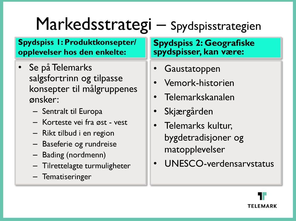 og rundreise Bading (nordmenn) Tilrettelagte turmuligheter Tematiseringer Spydspiss 2: Geografiske spydspisser, kan være: