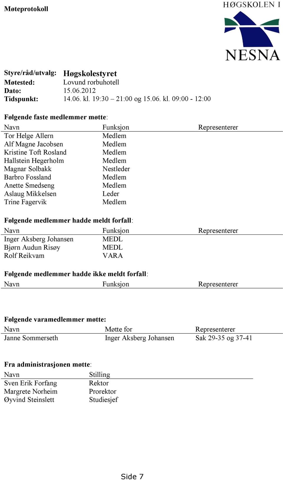 09:00-12:00 Følgende faste medlemmer møtte: Navn Funksjon Representerer Tor Helge Allern Medlem Alf Magne Jacobsen Medlem Kristine Toft Rosland Medlem Hallstein Hegerholm Medlem Magnar Solbakk