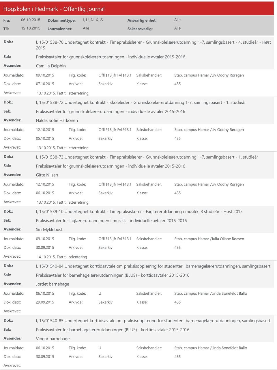 2015, Tatt til etterretning I, 15/01538-72 ndertegnet kontrakt - Skoleleder - Grunnskolelærerutdanning 1-7, samlingsbasert - 1.