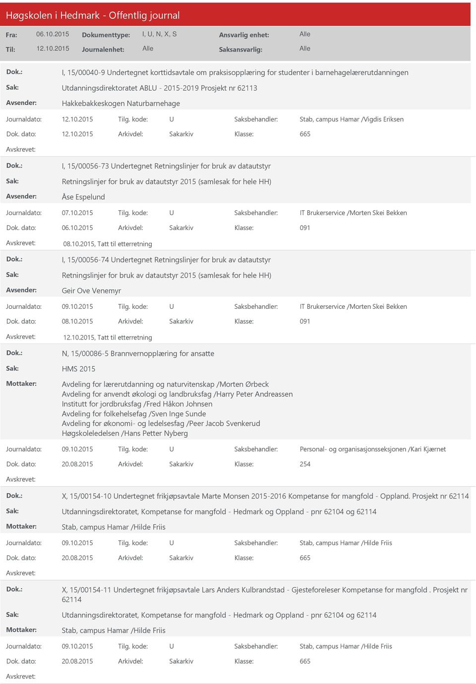 dato: Arkivdel: Sakarkiv I, 15/00056-73 ndertegnet Retningslinjer for bruk av datautstyr Retningslinjer for bruk av datautstyr 2015 (samlesak for hele HH) Åse Espelund IT Brukerservice /Morten Skei