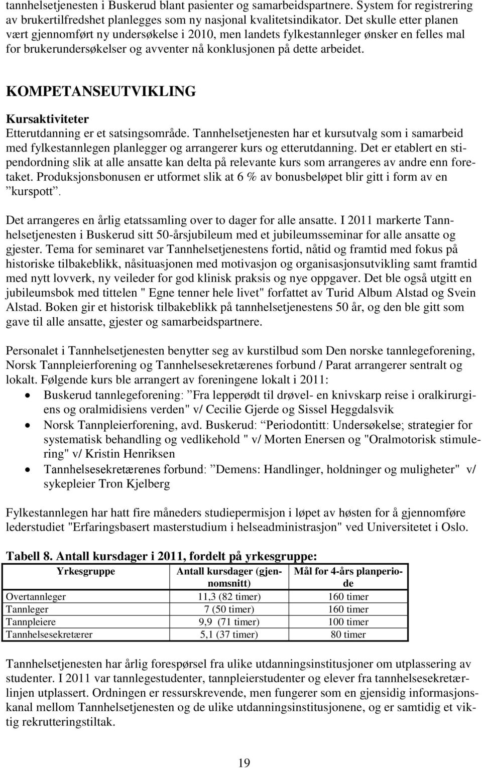 KOMPETANSEUTVIKLING Kursaktiviteter Etterutdanning er et satsingsområde. Tannhelsetjenesten har et kursutvalg som i samarbeid med fylkestannlegen planlegger og arrangerer kurs og etterutdanning.