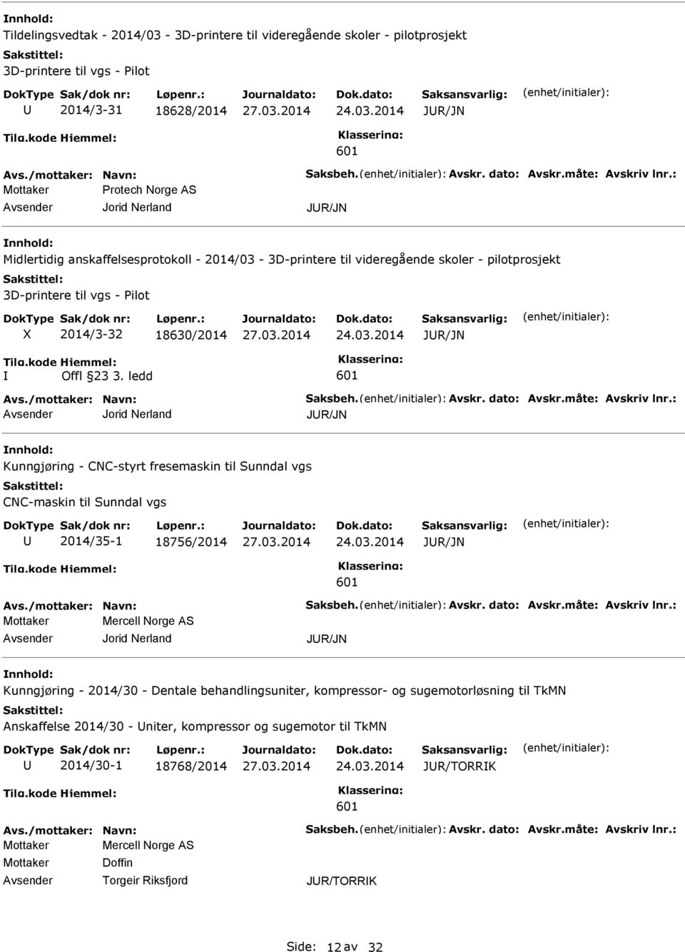 2014 JR/JN 601 Protech Norge AS Jorid Nerland JR/JN Midlertidig anskaffelsesprotokoll - 2014/03-3D-printere til videregående skoler - pilotprosjekt 3D-printere til vgs - Pilot X 2014/3-32 18630/2014