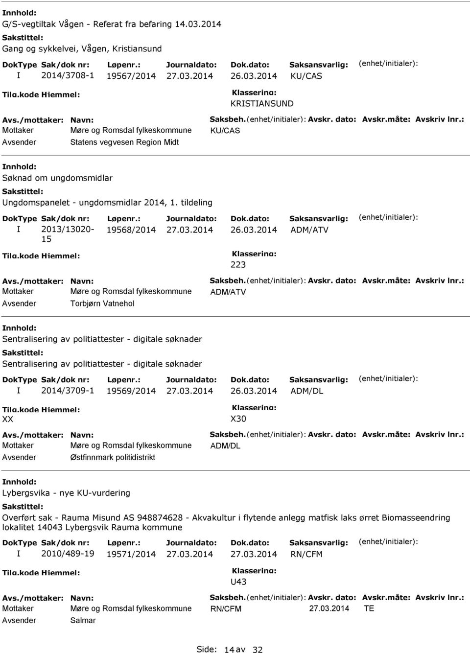 2014 ADM/ATV 223 Møre og Romsdal fylkeskommune ADM/ATV Torbjørn Vatnehol Sentralisering av politiattester - digitale søknader Sentralisering av politiattester - digitale søknader 2014/3709-1