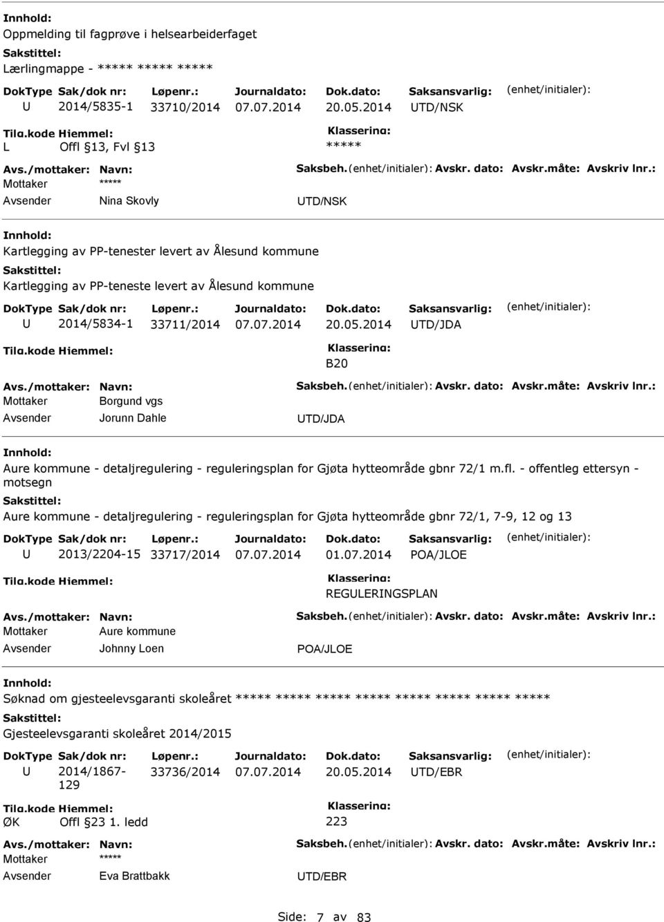 Avskr. dato: Avskr.måte: Avskriv lnr.: Mottaker Borgund vgs Jorunn Dahle TD/JDA Aure kommune - detaljregulering - reguleringsplan for Gjøta hytteområde gbnr 72/1 m.fl.