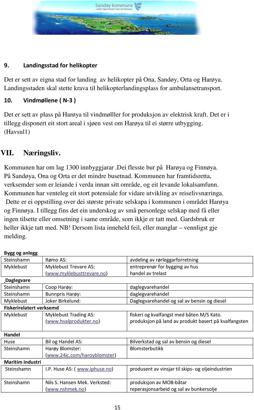 (Havsul1) VII. Næringsliv. Kommunen har om lag 1300 innbyggjarar.dei flesste bur på Harøya og Finnøya. På Sandøya, Ona og Orta er det mindre busetnad.