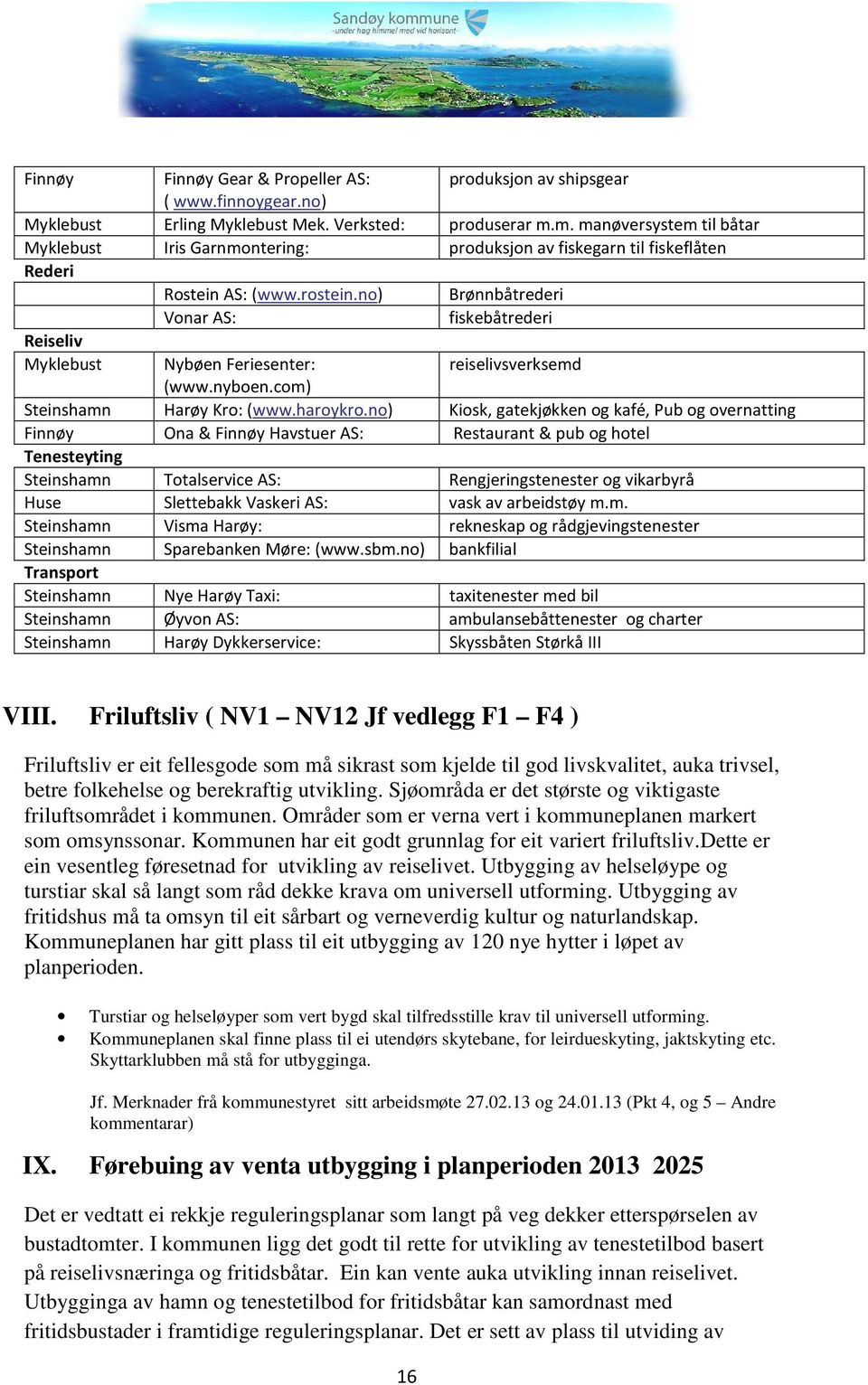 no) Brønnbåtrederi Vonar AS: fiskebåtrederi Reiseliv Myklebust Nybøen Feriesenter: reiselivsverksemd (www.nyboen.com) Steinshamn Harøy Kro: (www.haroykro.