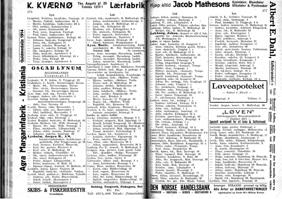 , enkefru, Kirkegl. 57 Ole, Iræskjærer, Kirkegt..46 Oline,. hush.ske, Apotekervl. 8 Oscar, billédskjærer, Kloslergl. 44 e Peder, lods, Kirkegl. 46 Terje, bysælger, Apotekervt.