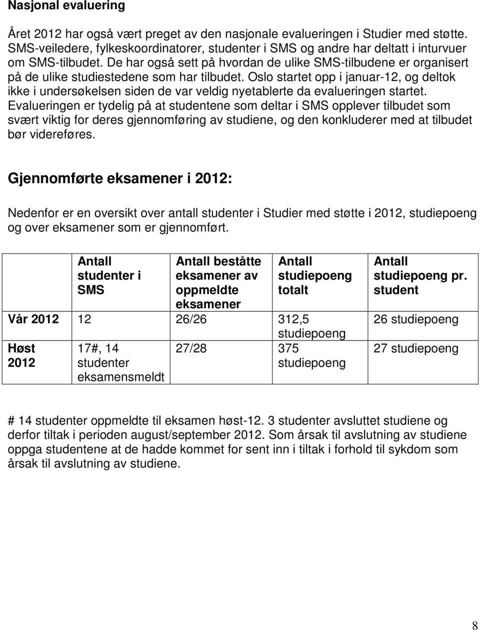 De har også sett på hvordan de ulike SMS-tilbudene er organisert på de ulike studiestedene som har tilbudet.