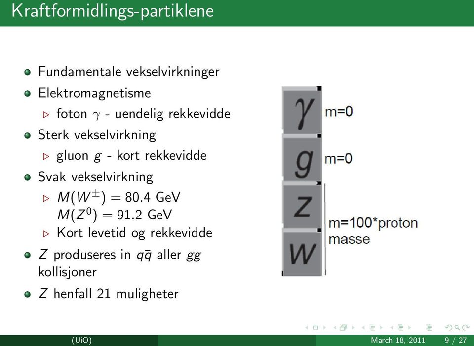 vekselvirkning M(W ± ) = 80.4 GeV M(Z 0 ) = 91.