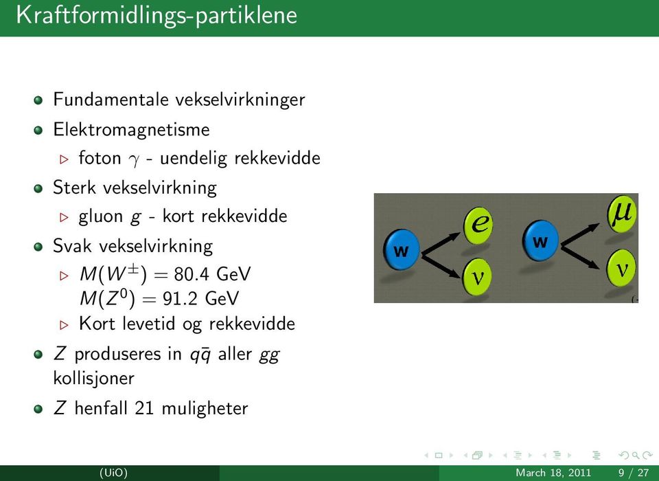 vekselvirkning M(W ± ) = 80.4 GeV M(Z 0 ) = 91.