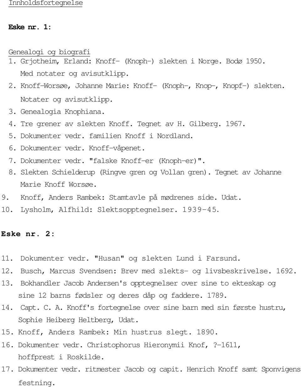 familien Knoff i Nordland. 6. Dokumenter vedr. Knoff-våpenet. 7. Dokumenter vedr. "falske Knoff-er (Knoph-er)". 8. Slekten Schielderup (Ringve gren og Vollan gren).