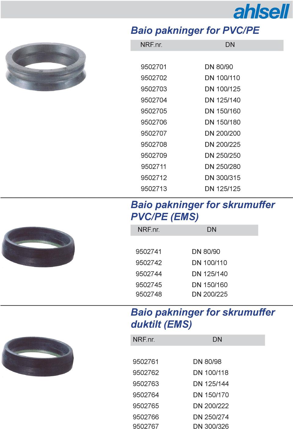 skrumuffer PVC/PE (EMS) 9502741 80/90 9502742 100/110 9502744 125/140 9502745 150/160 9502748 200/225 Baio pakninger for