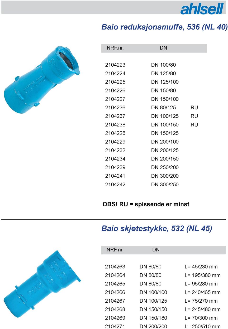 OBS! RU = spissende er minst Baio skjøtestykke, 532 (NL 45) 2104263 80/80 L= 45/230 mm 2104264 80/80 L= 195/380 mm 2104265 80/80 L= 95/280 mm