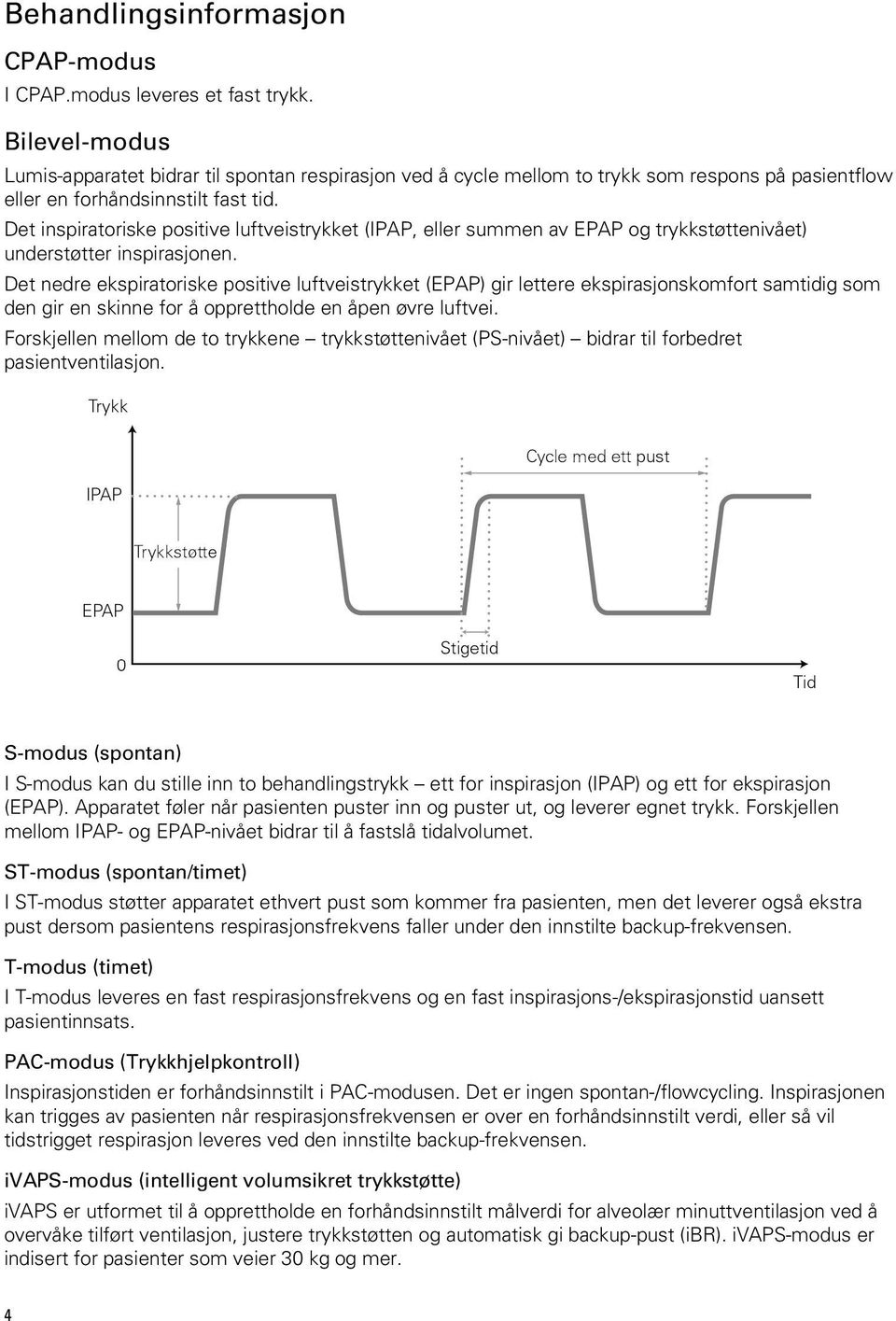 Det inspiratoriske positive luftveistrykket (IPAP, eller summen av EPAP og trykkstøttenivået) understøtter inspirasjonen.