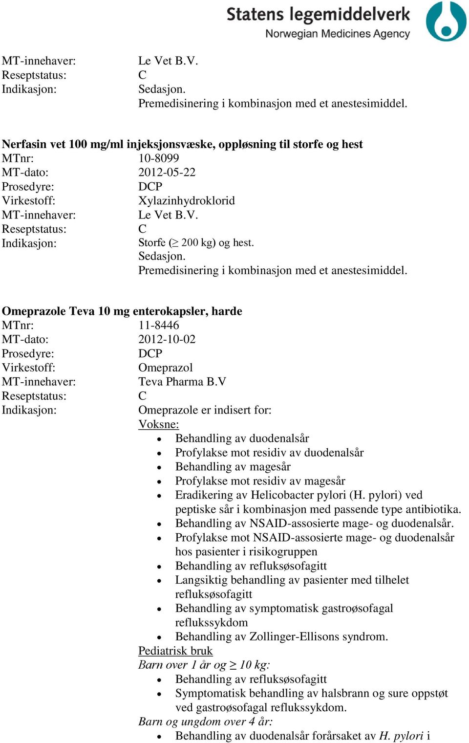 Premedisinering i kombinasjon med et anestesimiddel. Omeprazole Teva 10 mg enterokapsler, harde MTnr: 11-8446 MT-dato: 2012-10-02 DP Omeprazol Teva Pharma B.