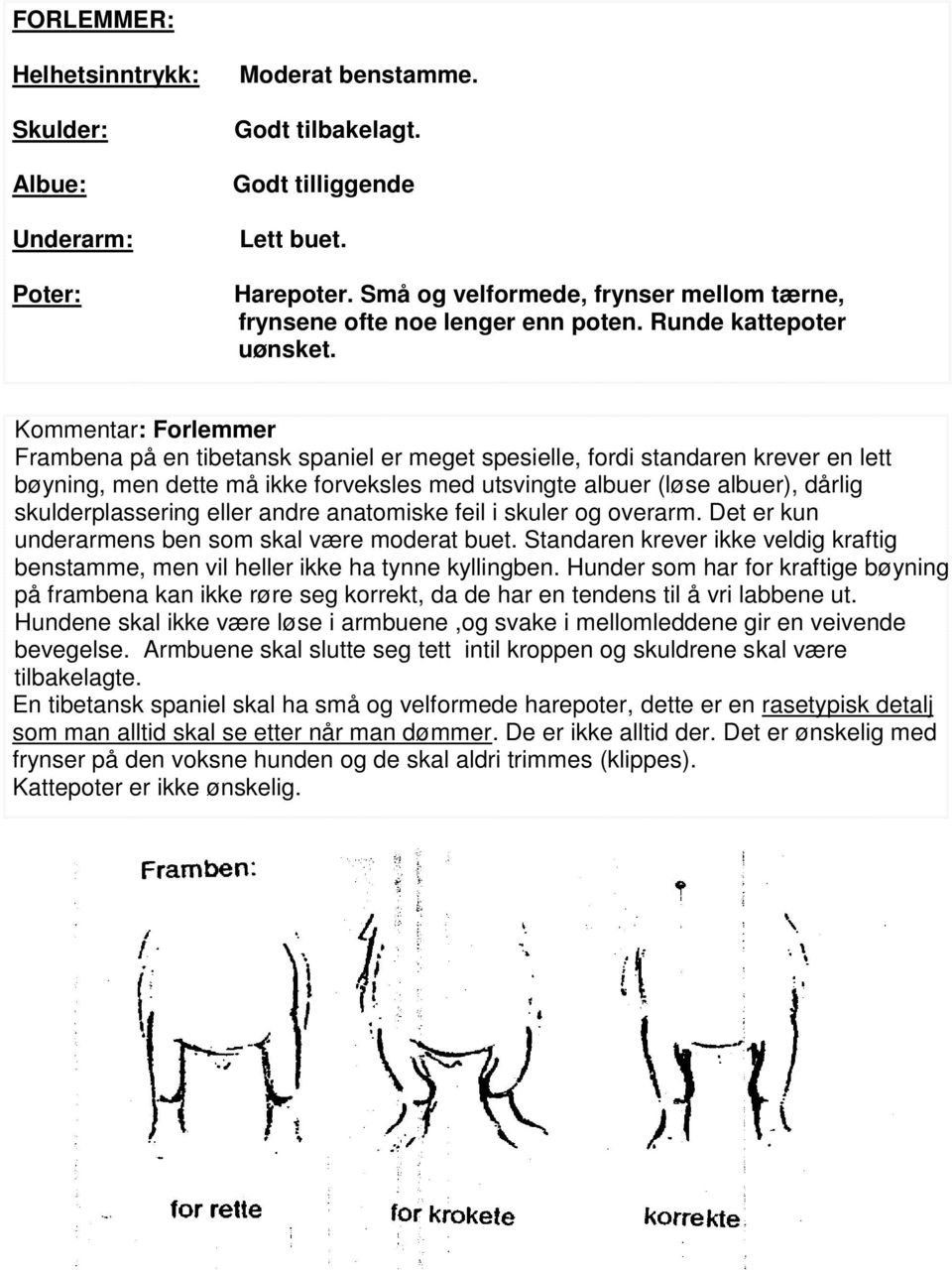 Kommentar: Forlemmer Frambena på en tibetansk spaniel er meget spesielle, fordi standaren krever en lett bøyning, men dette må ikke forveksles med utsvingte albuer (løse albuer), dårlig