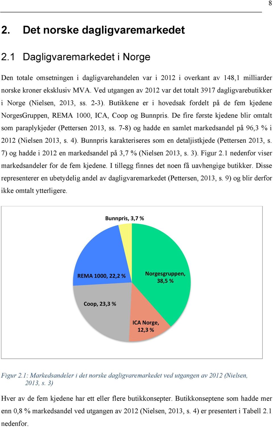 De fire første kjedene blir omtalt som paraplykjeder (Pettersen 2013, ss. 7-8) og hadde en samlet markedsandel på 96,3 % i 2012 (Nielsen 2013, s. 4).